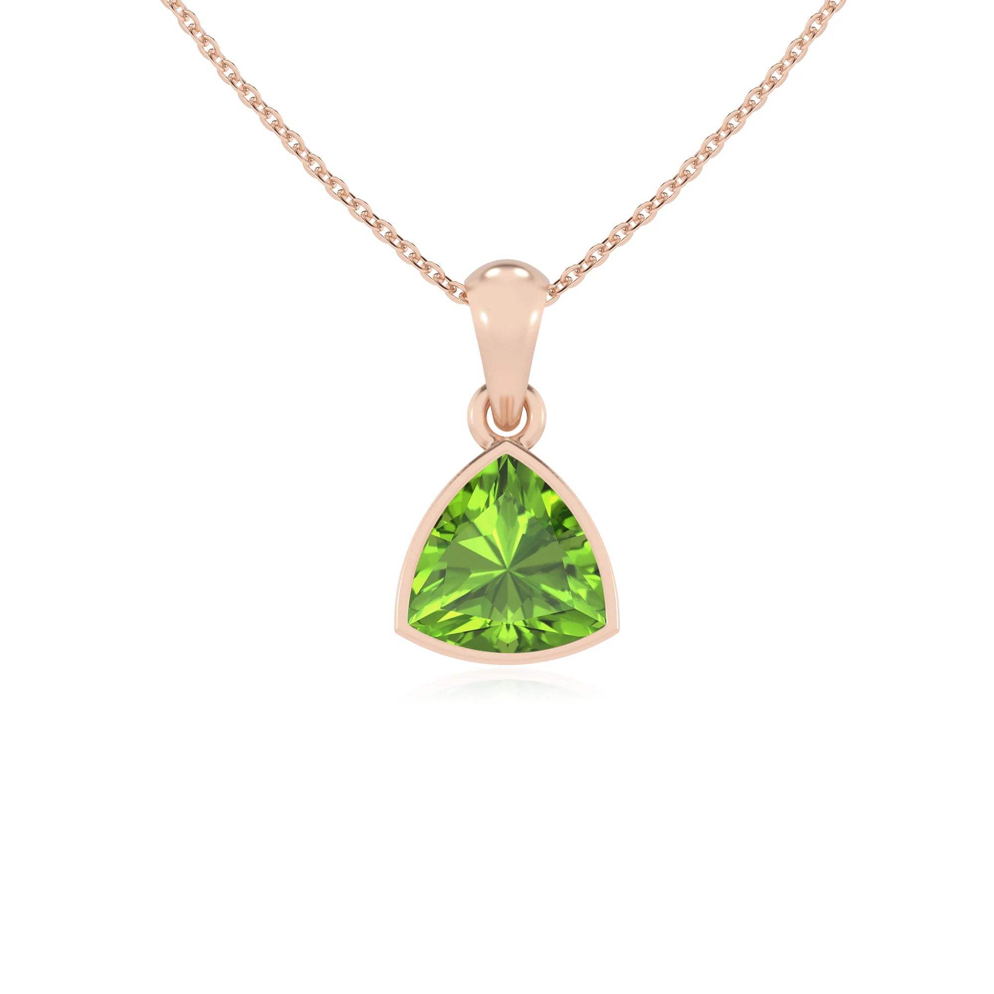 natural peridot trillion solitaire necklaces in rose gold