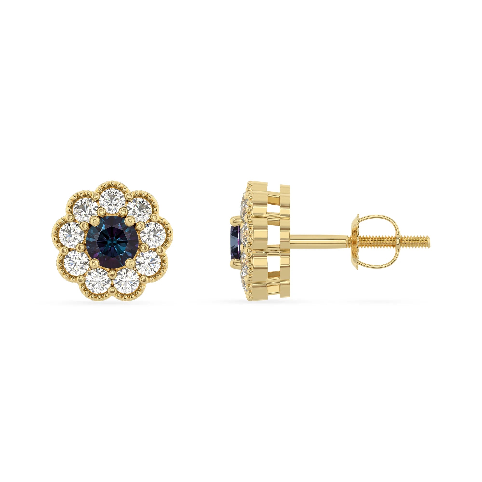 lab grown alexandrite round stud earrings in yellow gold