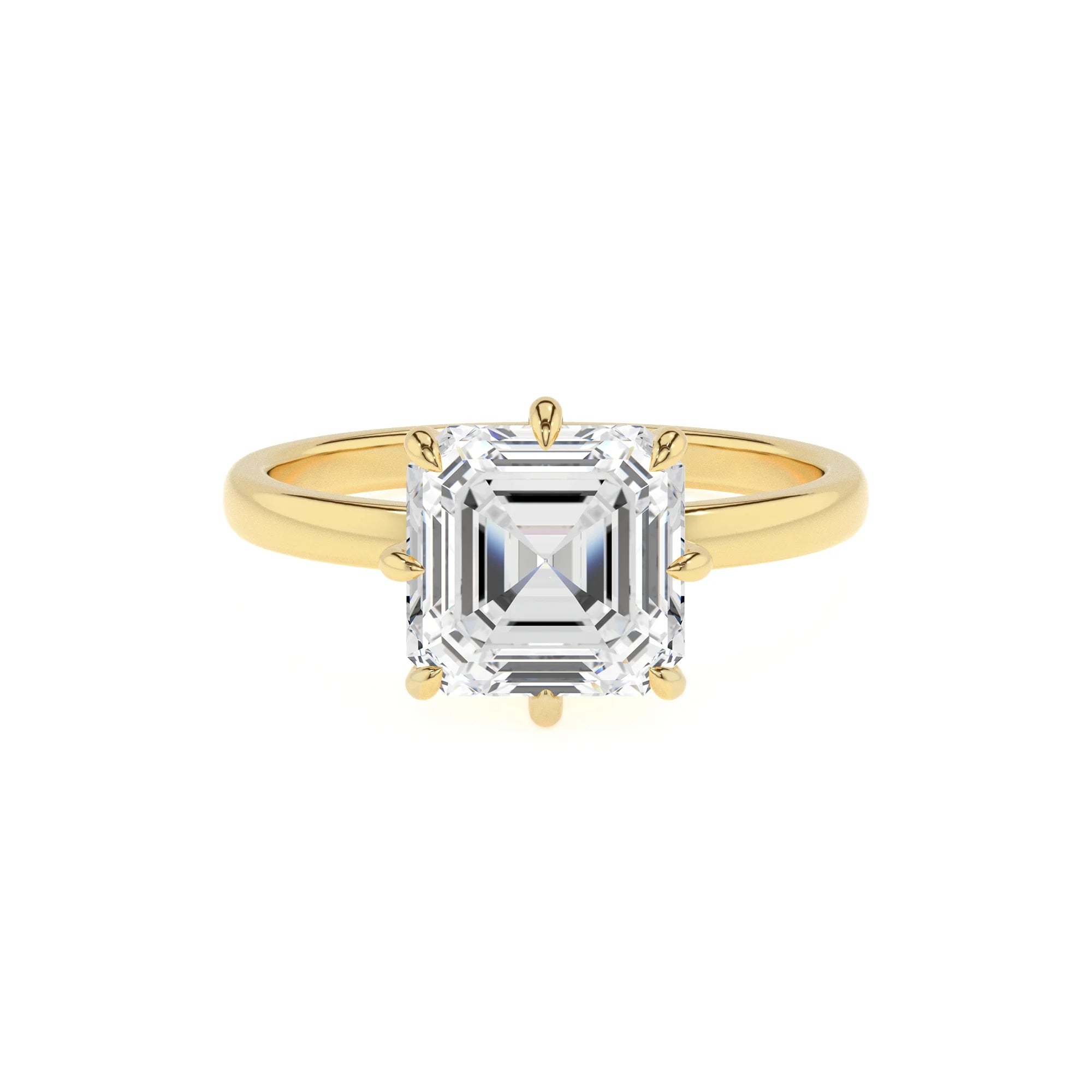 lab grown moissanite asscher solitaire rings in yellow gold