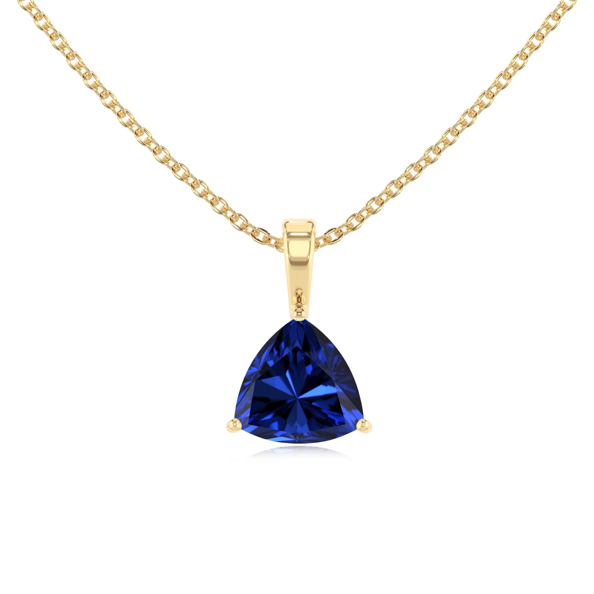 lab grown blue-sapphire trillion solitaire necklaces in yellow gold
