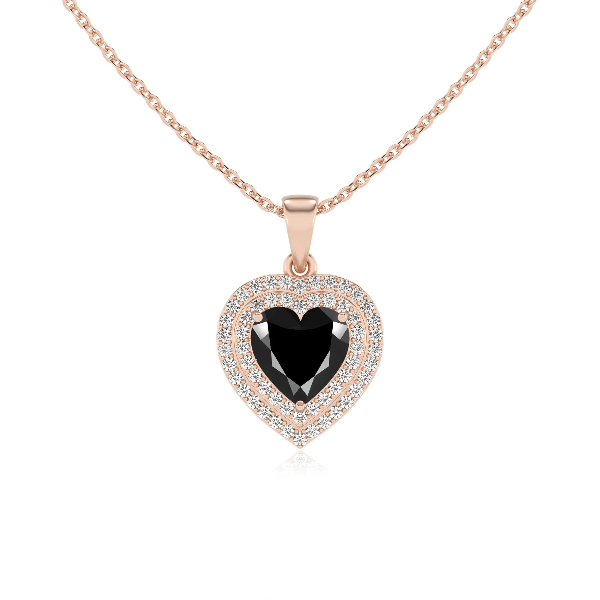 natural black onyx heart halo necklaces in rose gold