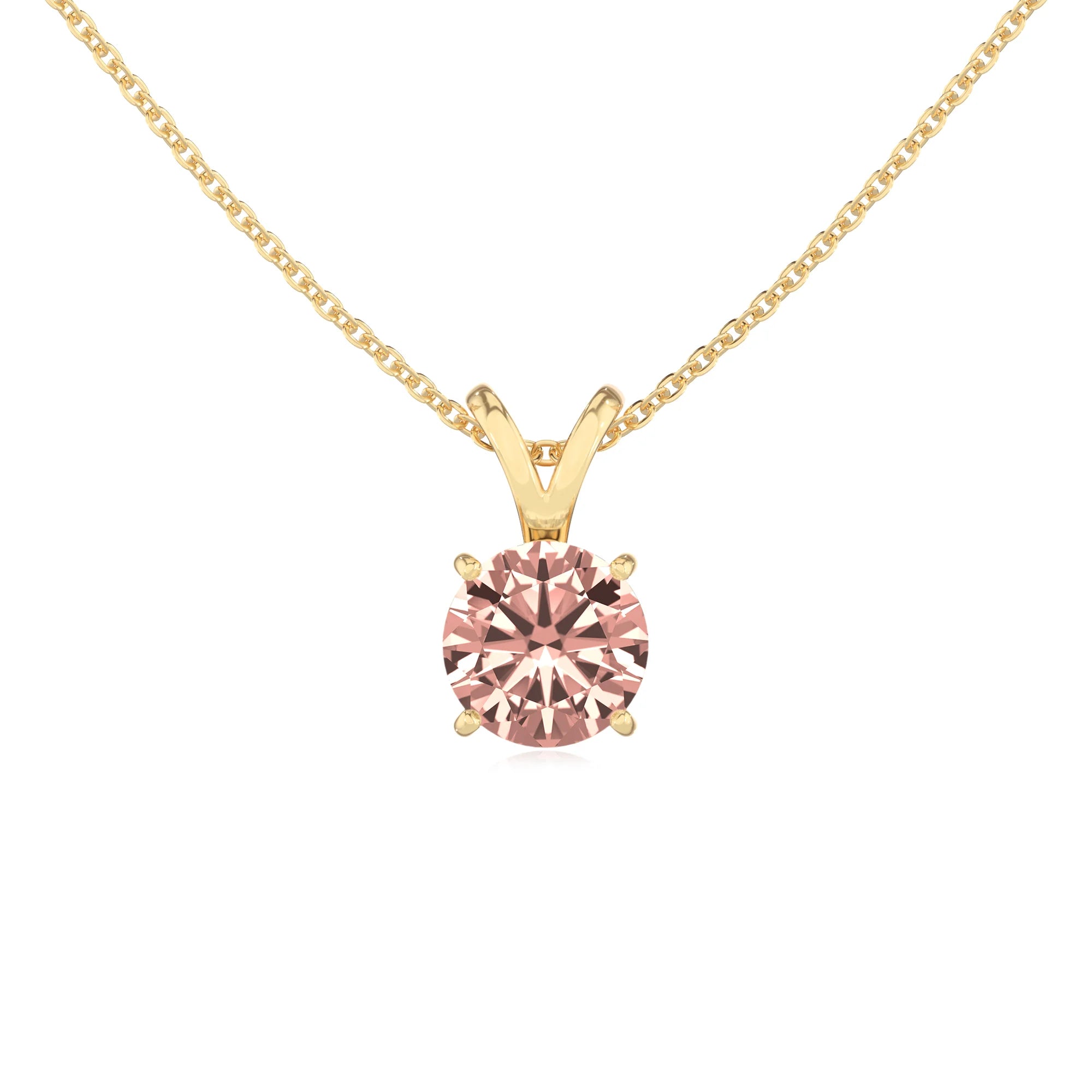 lab grown morganite round solitaire v-bale necklaces in yellow gold