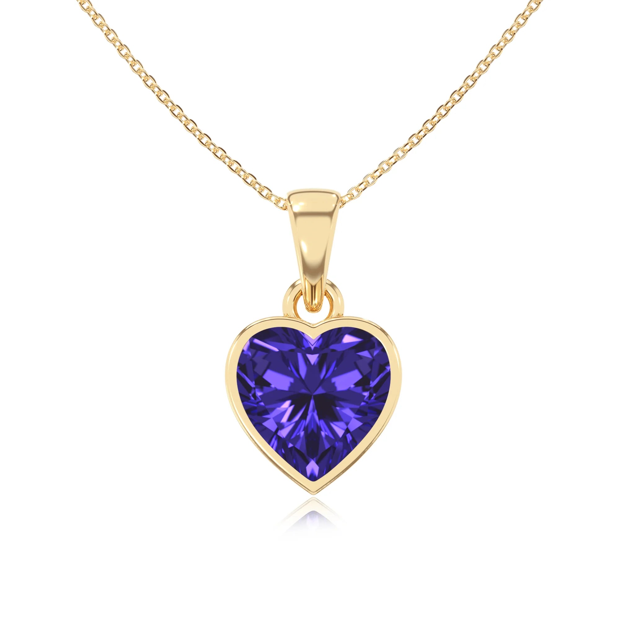 lab grown tanzanite heart solitaire necklaces in yellow gold