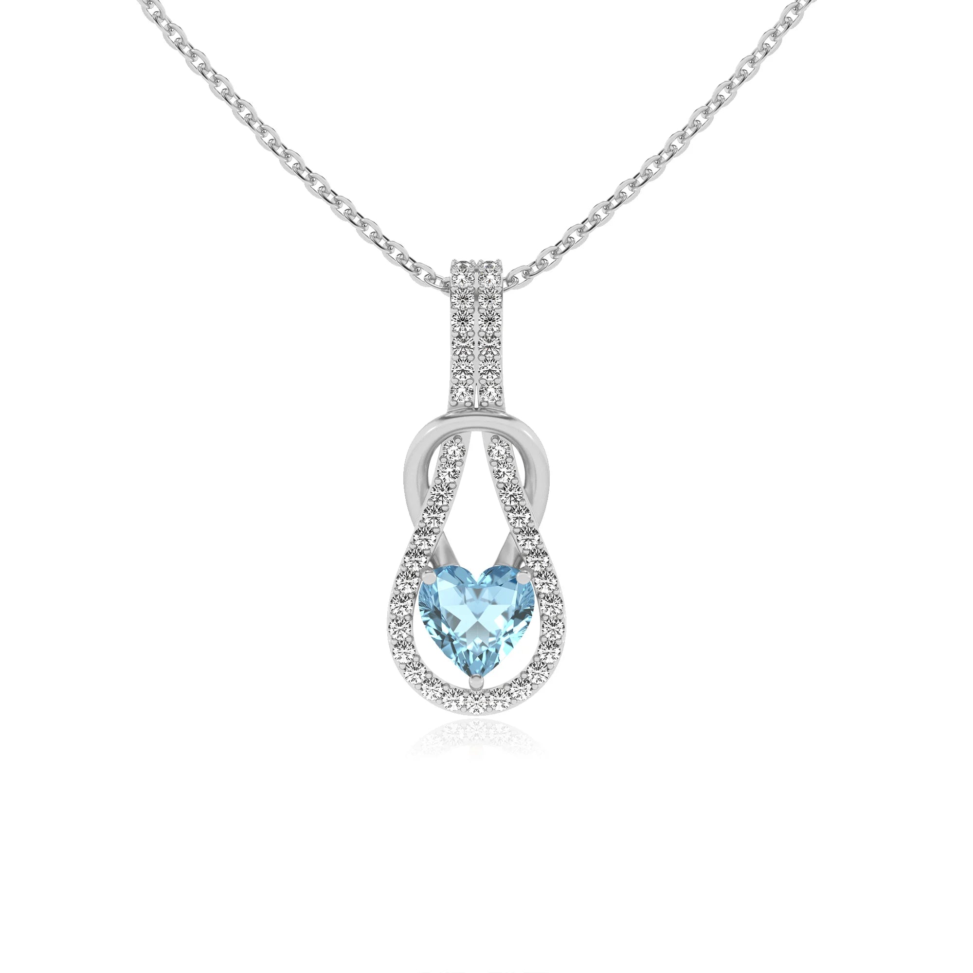 lab grown aquamarine heart infinity v-bale necklaces in white gold