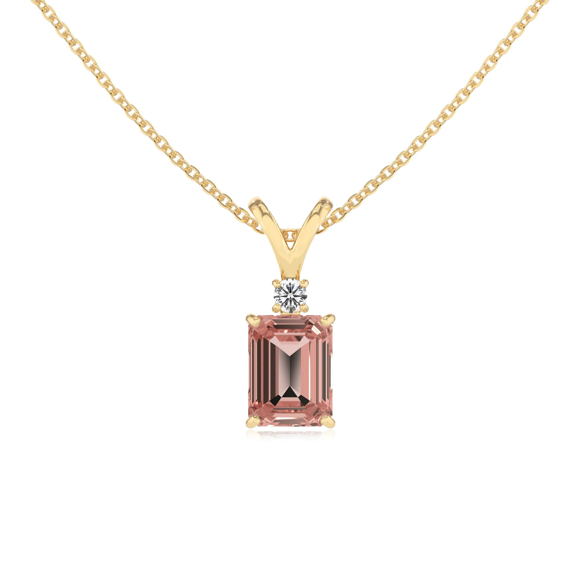 lab grown morganite emerald cut solitaire v-bale necklaces in yellow gold