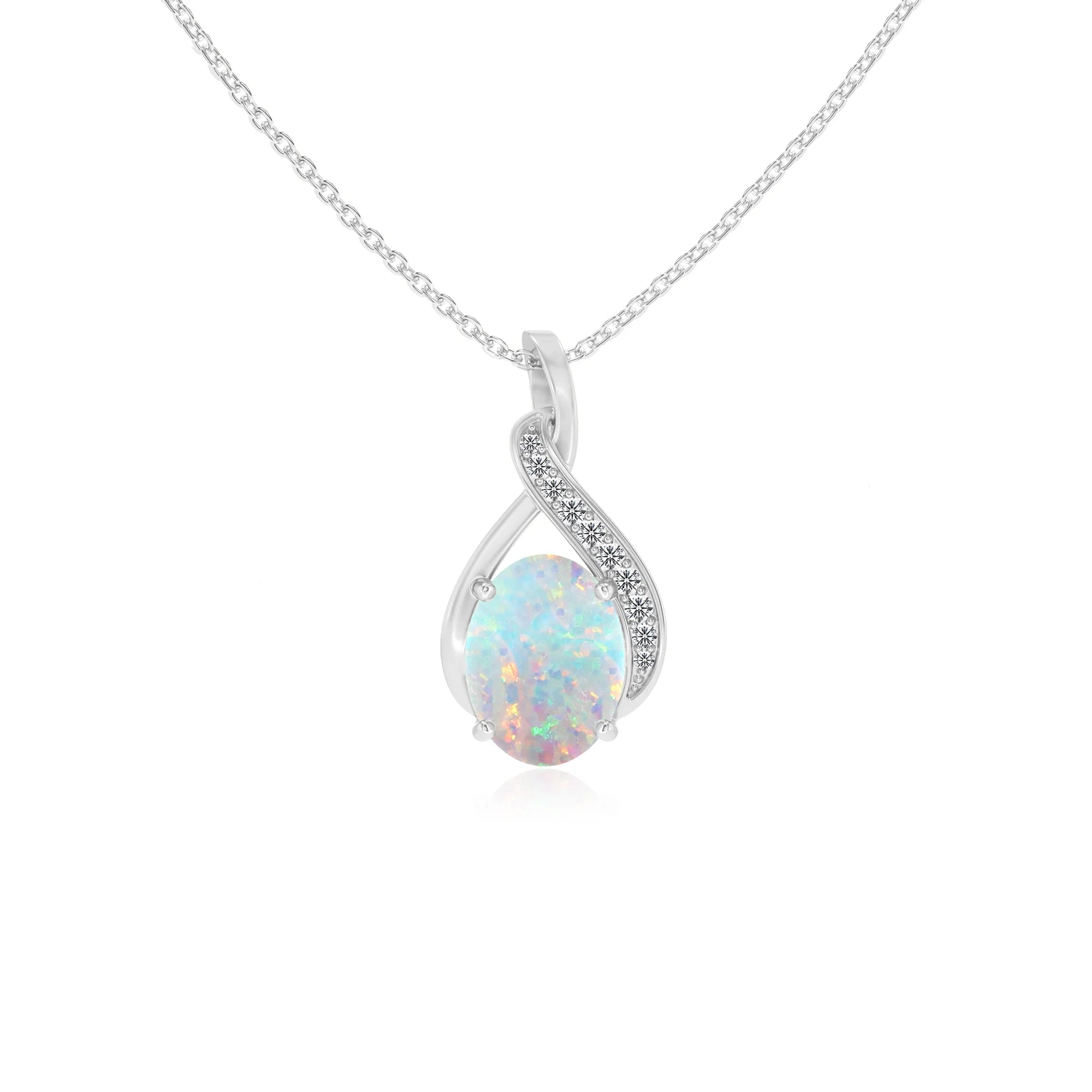 lab grown opal oval solitaire necklaces in white gold