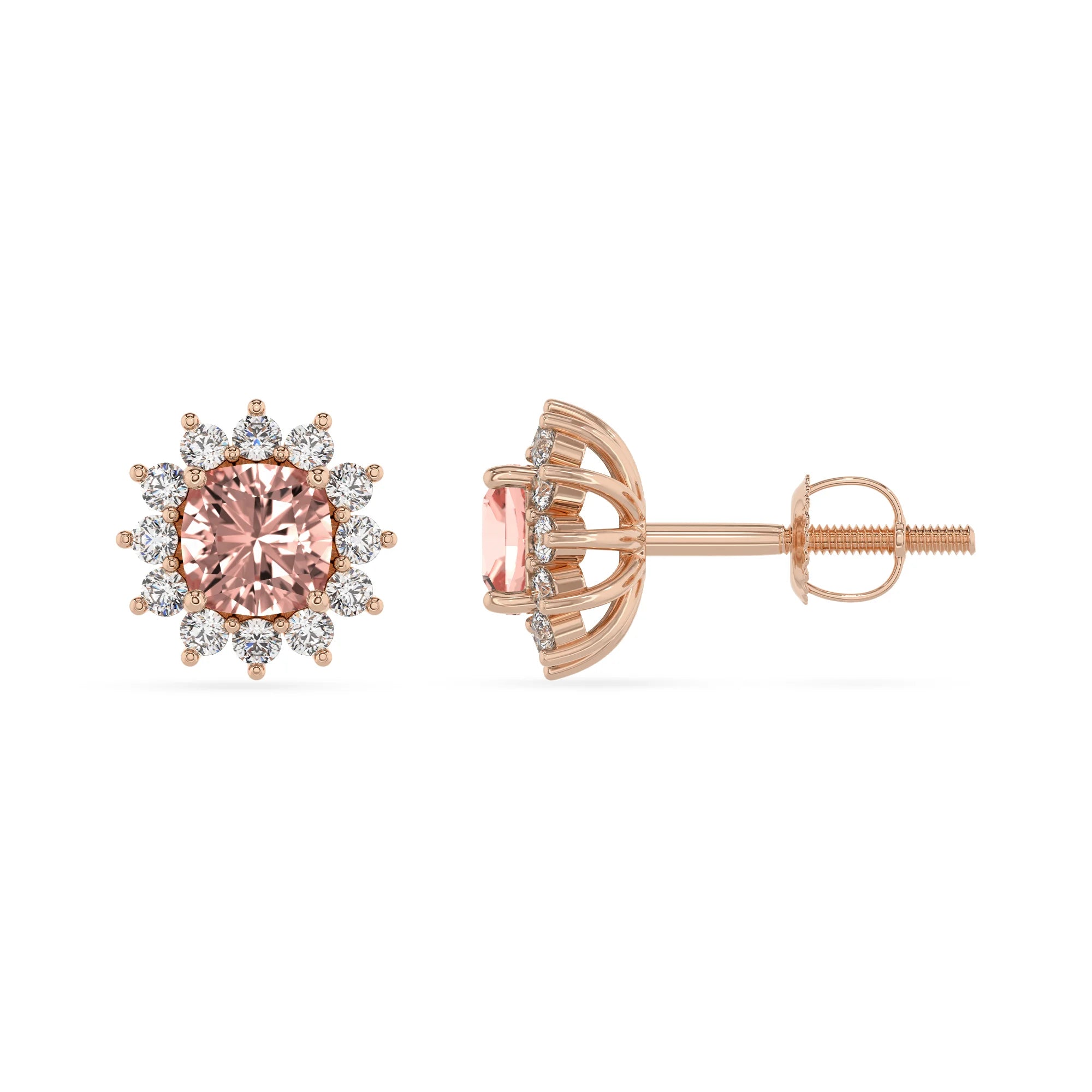 lab grown morganite cushion stud earrings in rose gold