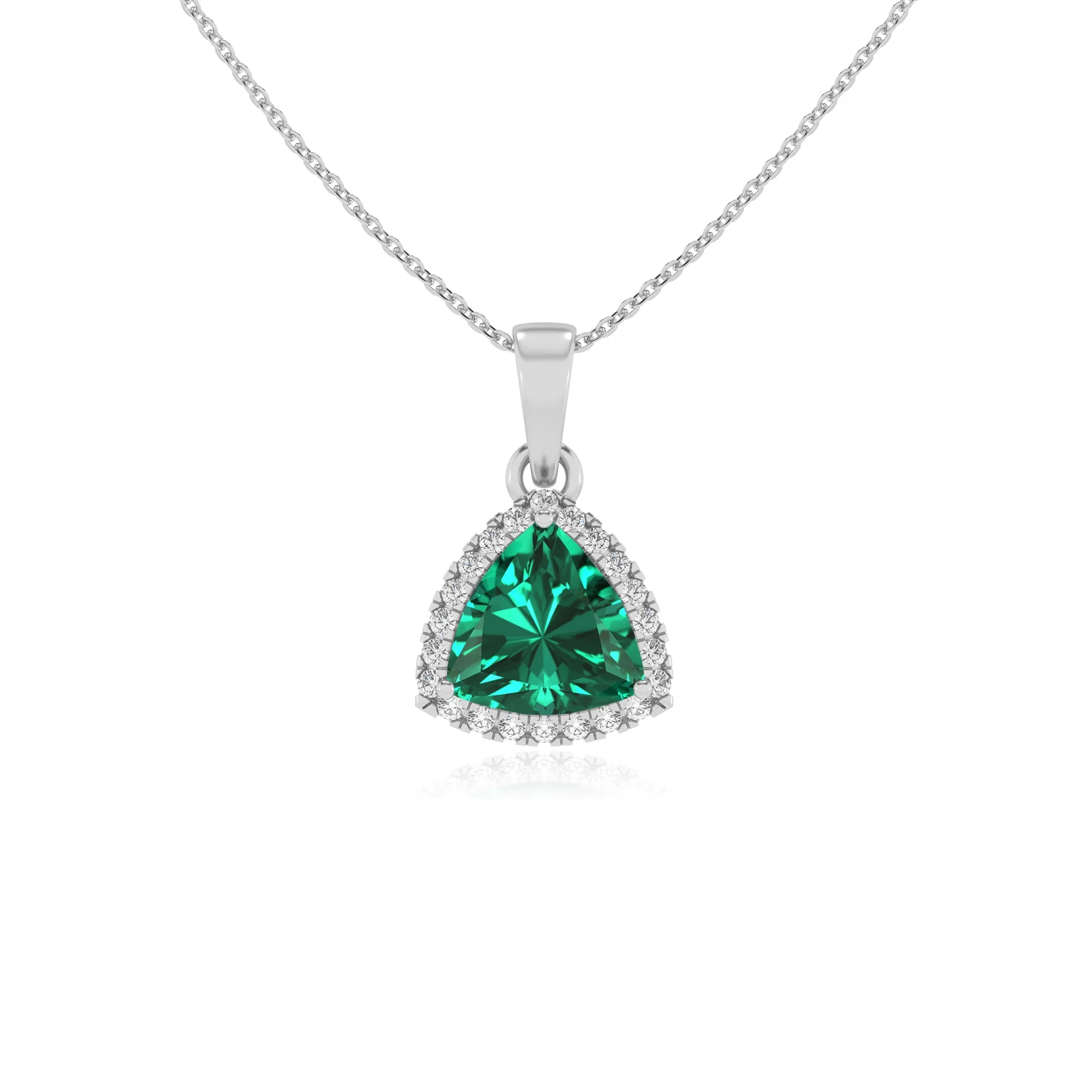 lab grown emerald trillion solitaire necklaces in white gold
