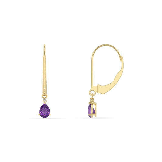 lab grown amethyst pear drop earrings in yellow gold