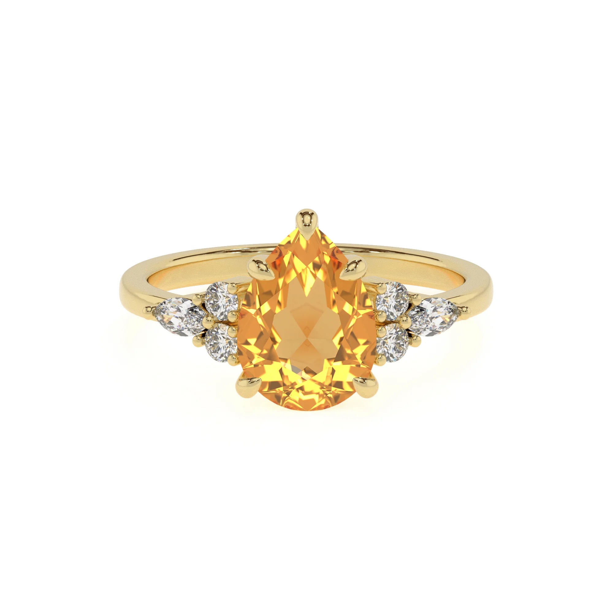 lab grown citrine pear solitaire rings in yellow gold