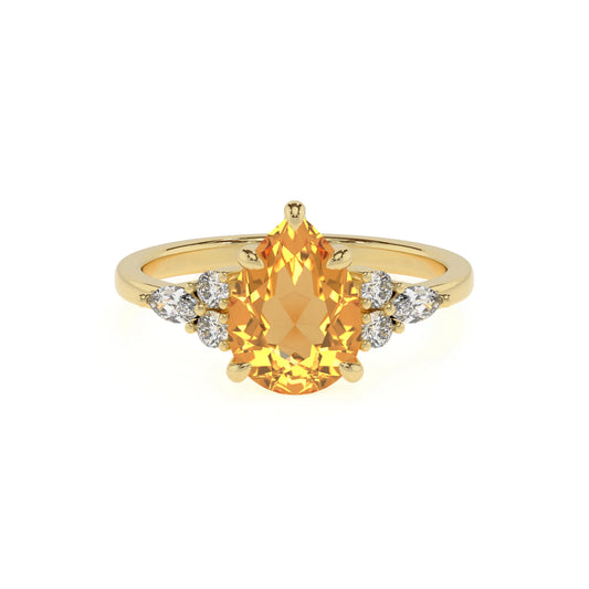 lab grown citrine pear solitaire rings in yellow gold