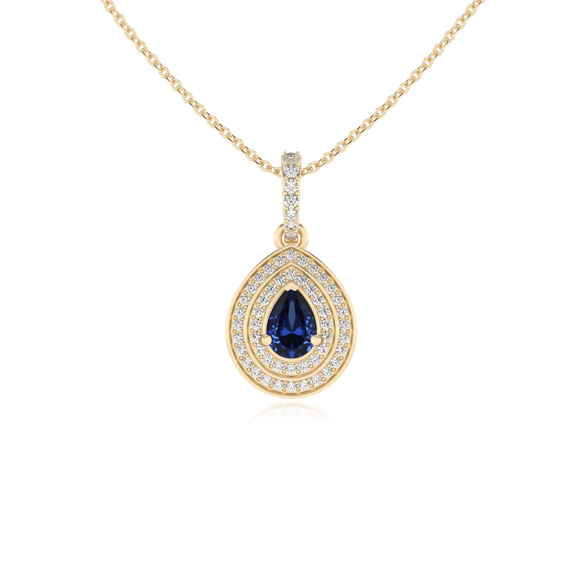 lab grown blue-sapphire pear halo necklaces in yellow gold