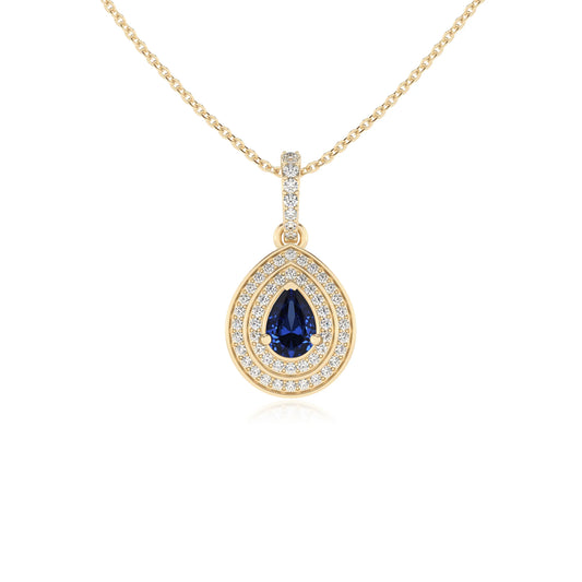 lab grown blue-sapphire pear halo necklaces in yellow gold