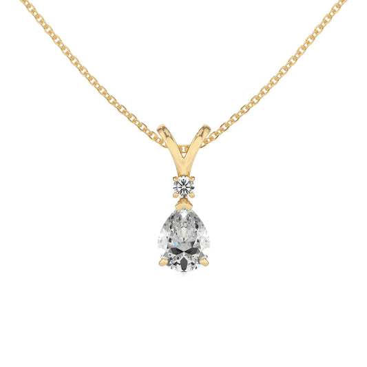 lab grown moissanite pear solitaire v-bale necklaces in yellow gold