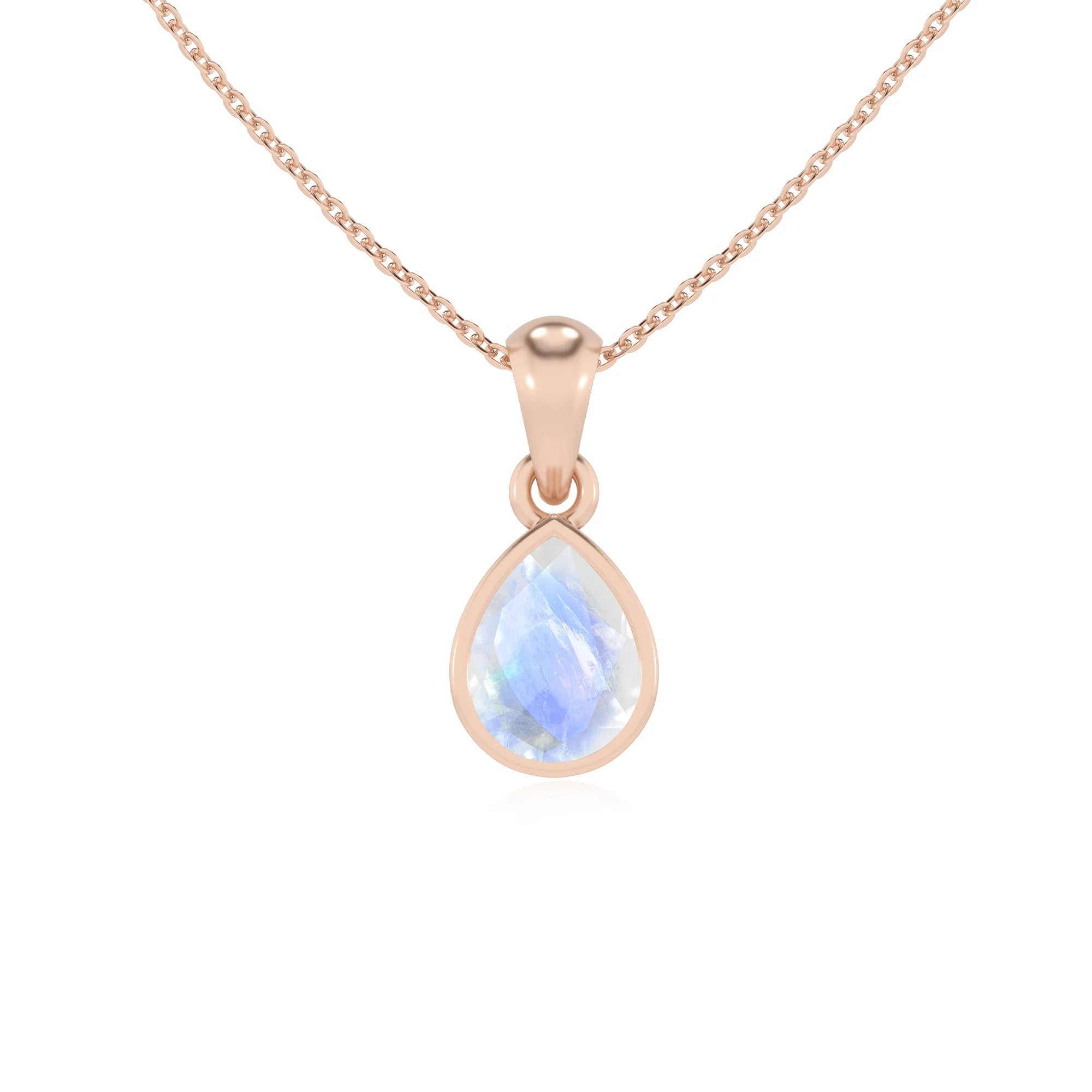 natural rainbow-moonstone pear solitaire necklaces in rose gold