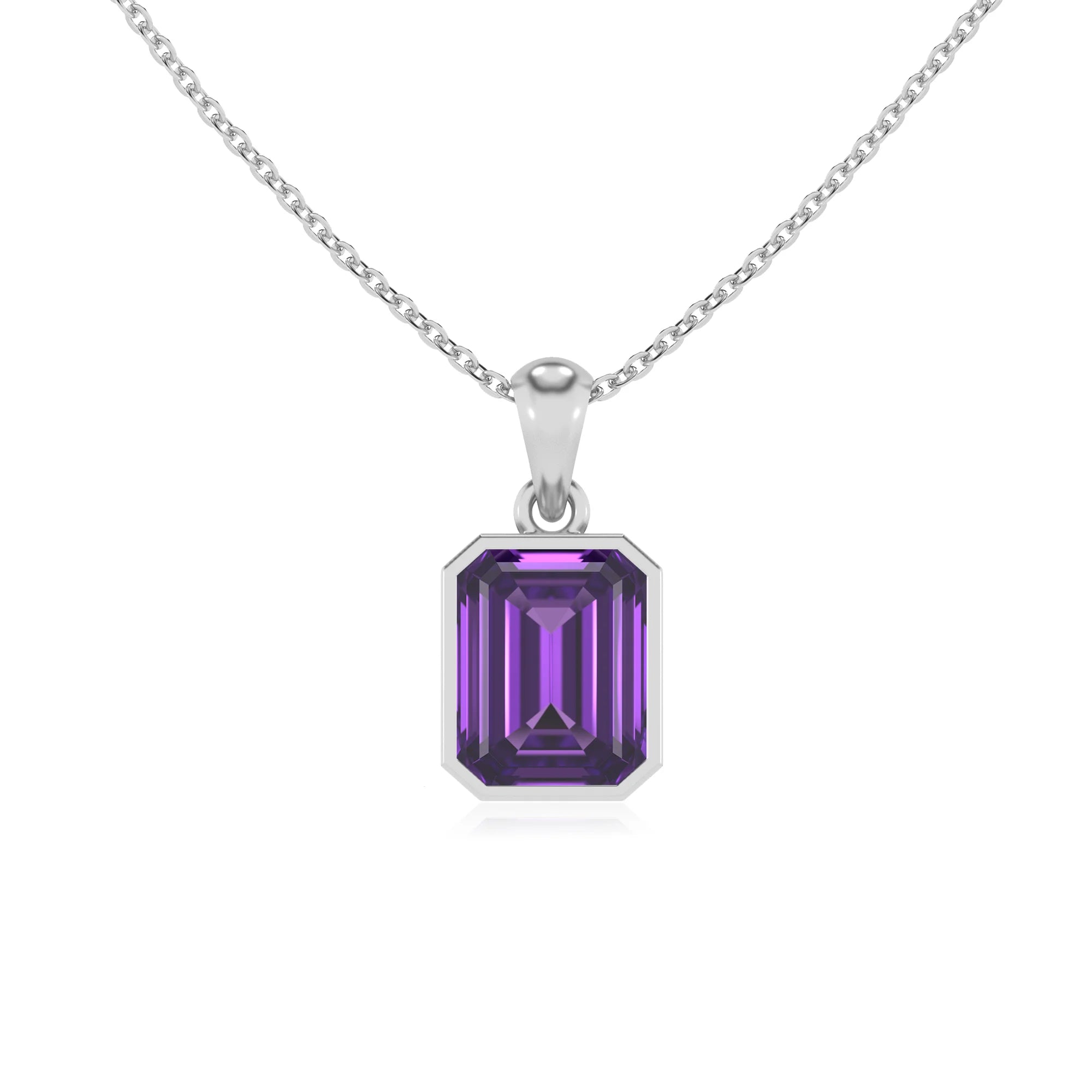 lab grown amethyst emerald cut solitaire necklaces in sterling silver