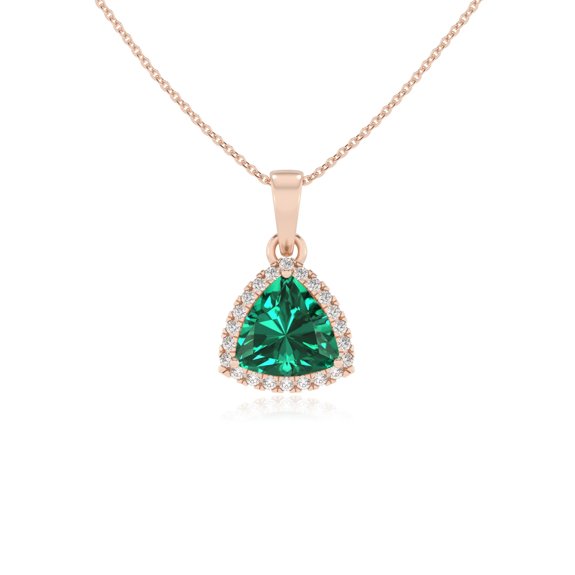 lab grown emerald trillion solitaire necklaces in rose gold