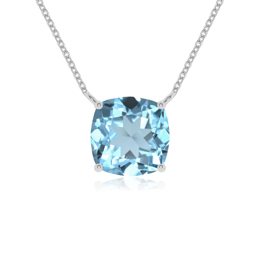 lab grown aquamarine cushion solitaire necklaces in sterling silver