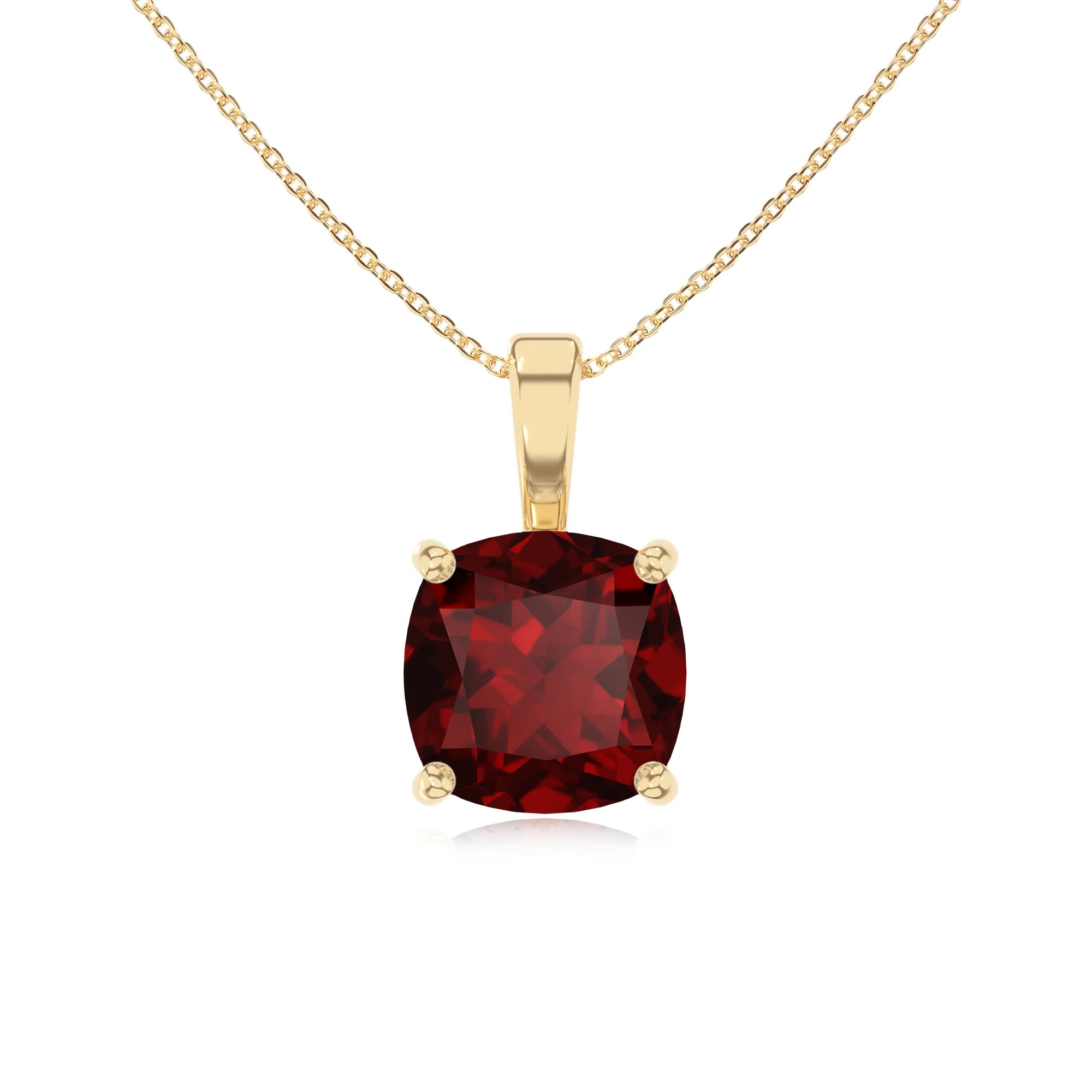 natural garnet cushion solitaire necklaces in yellow gold