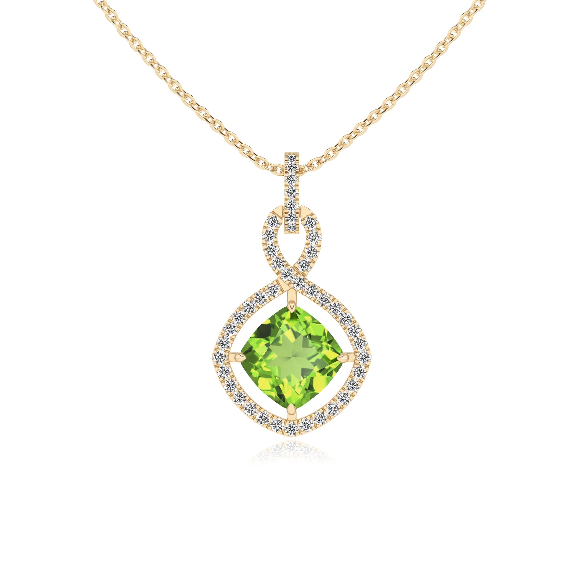 natural peridot cushion infinity necklaces in yellow gold