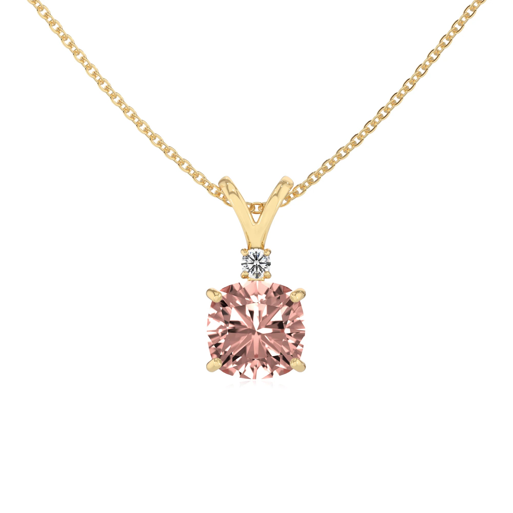 lab grown morganite cushion solitaire v-bale necklaces in yellow gold