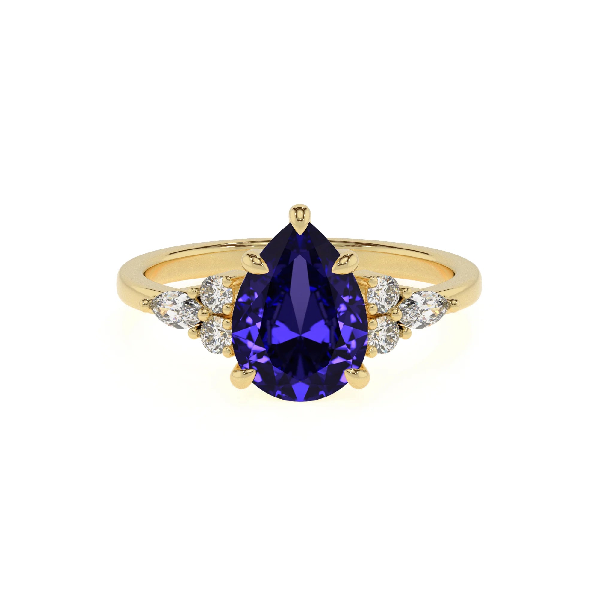 lab grown tanzanite pear solitaire rings in yellow gold