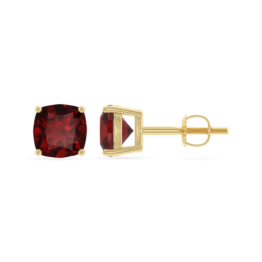 natural garnet cushion stud earrings in yellow gold