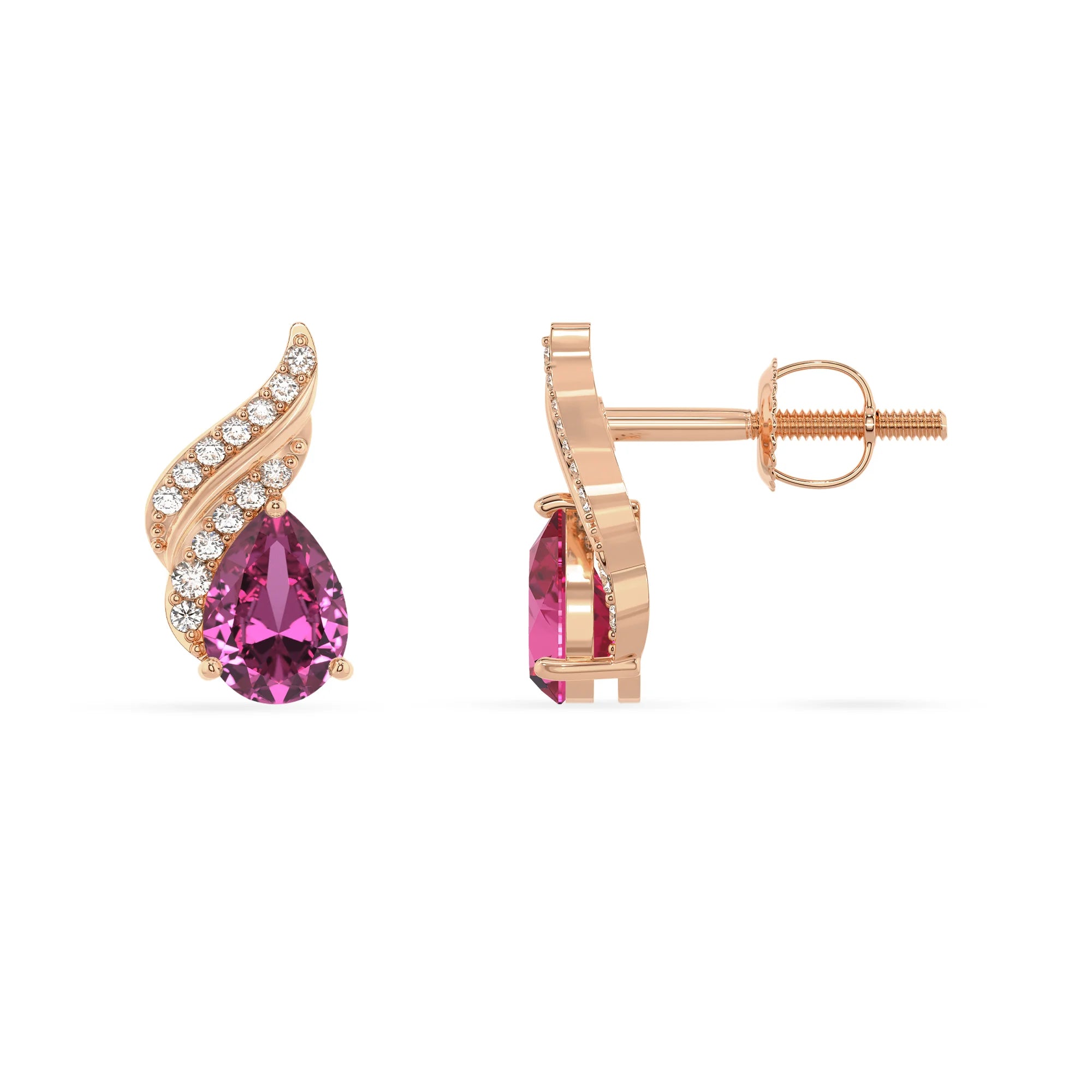 lab grown pink sapphire pear stud earrings in rose gold