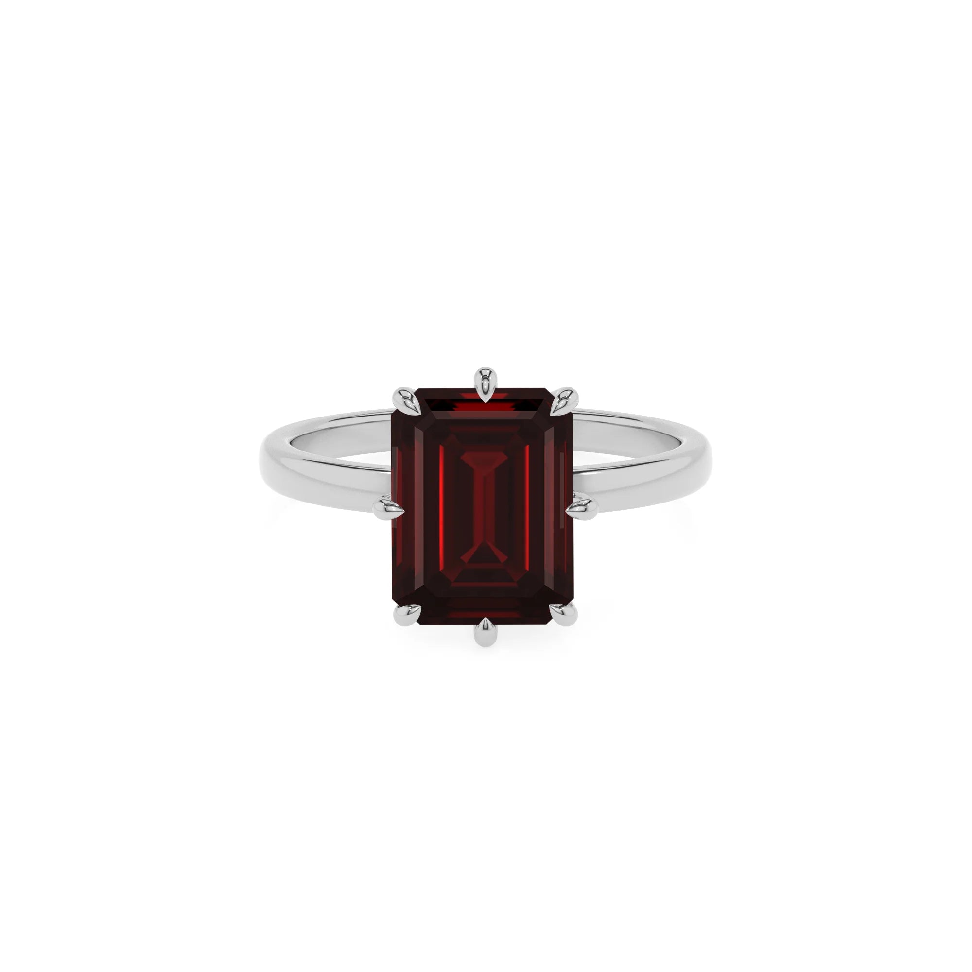 natural garnet emerald cut solitaire rings in white gold