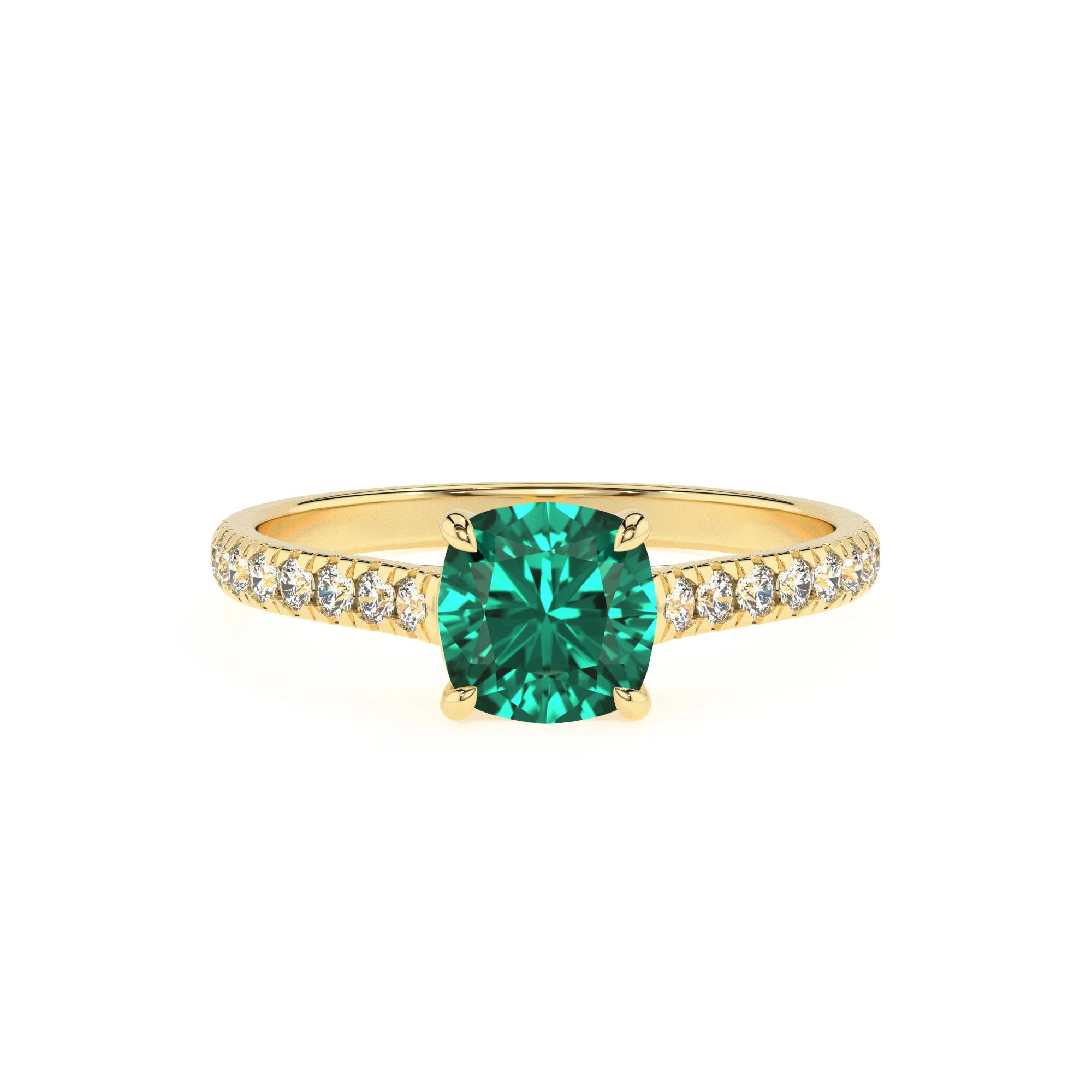 lab grown emerald cushion half eternity solitaire engagement rings in yellow gold
