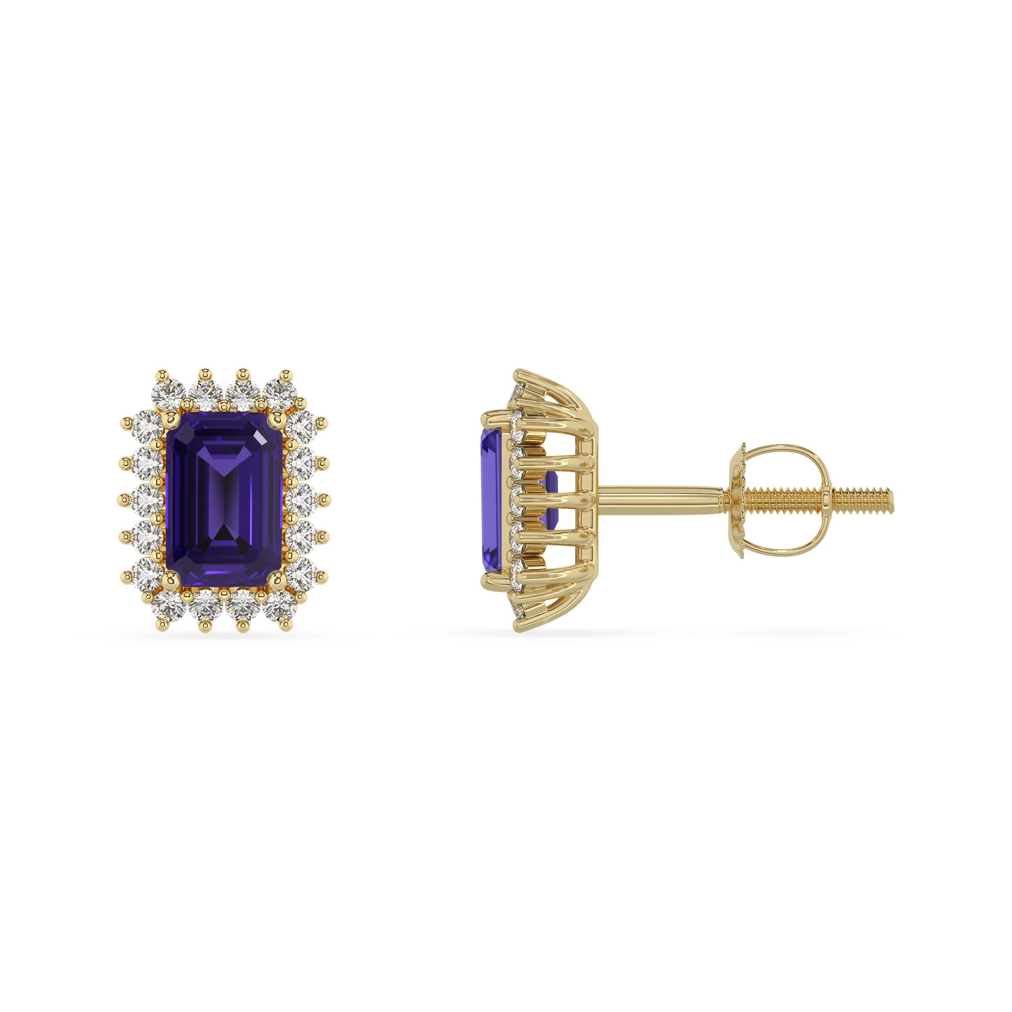 lab grown tanzanite emerald cut stud earrings in yellow gold