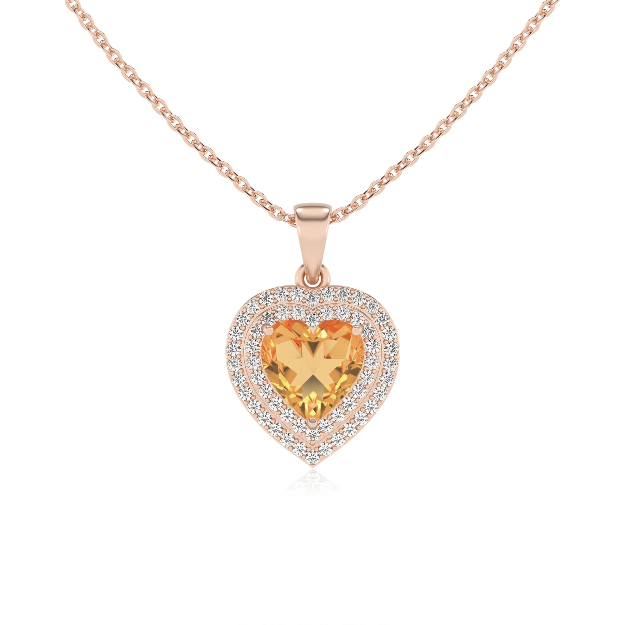 lab grown citrine heart halo necklaces in rose gold