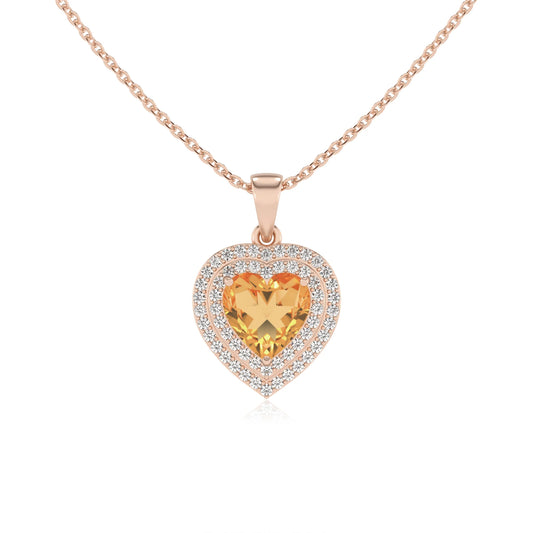 lab grown citrine heart halo necklaces in rose gold
