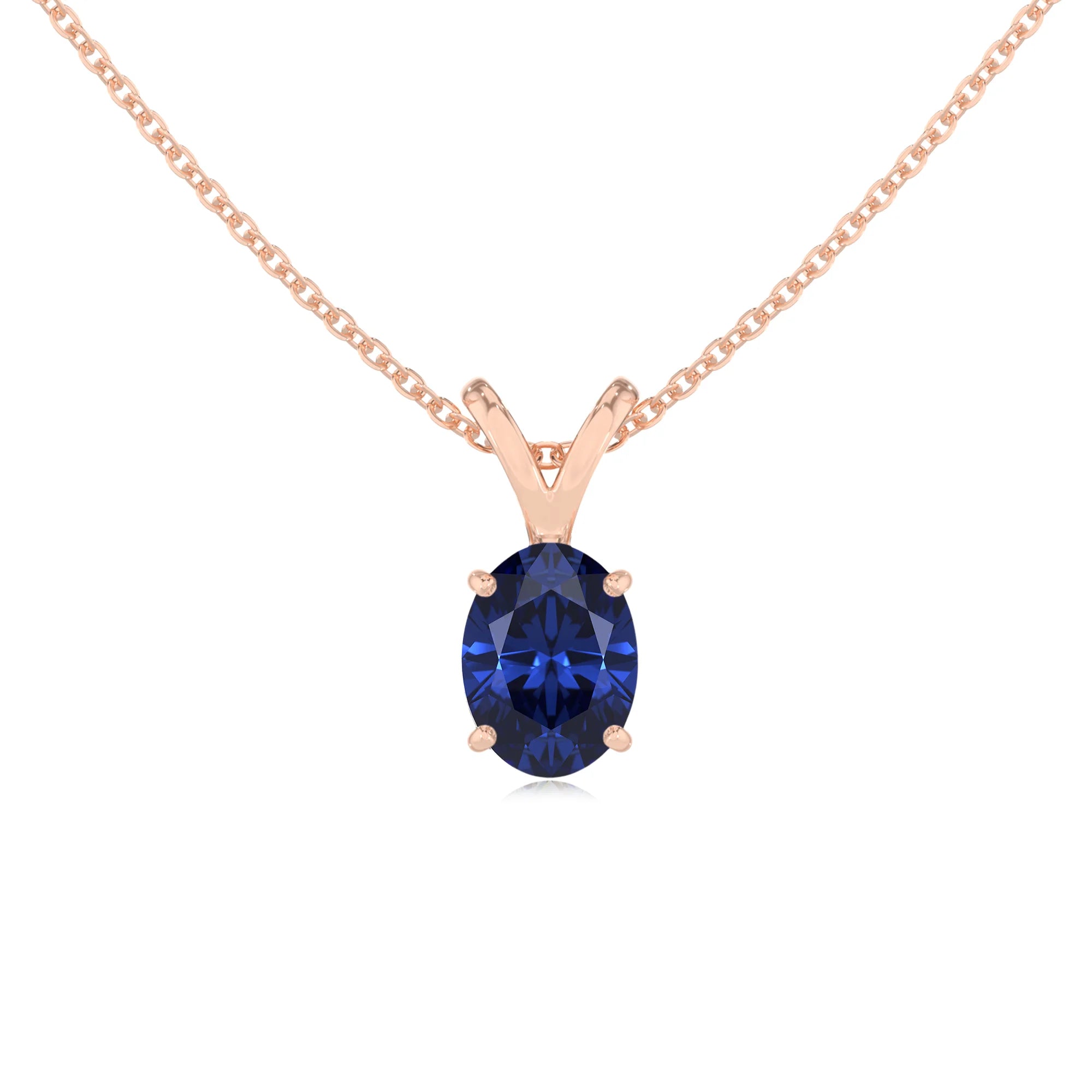 lab grown blue-sapphire oval solitaire v-bale necklaces in rose gold