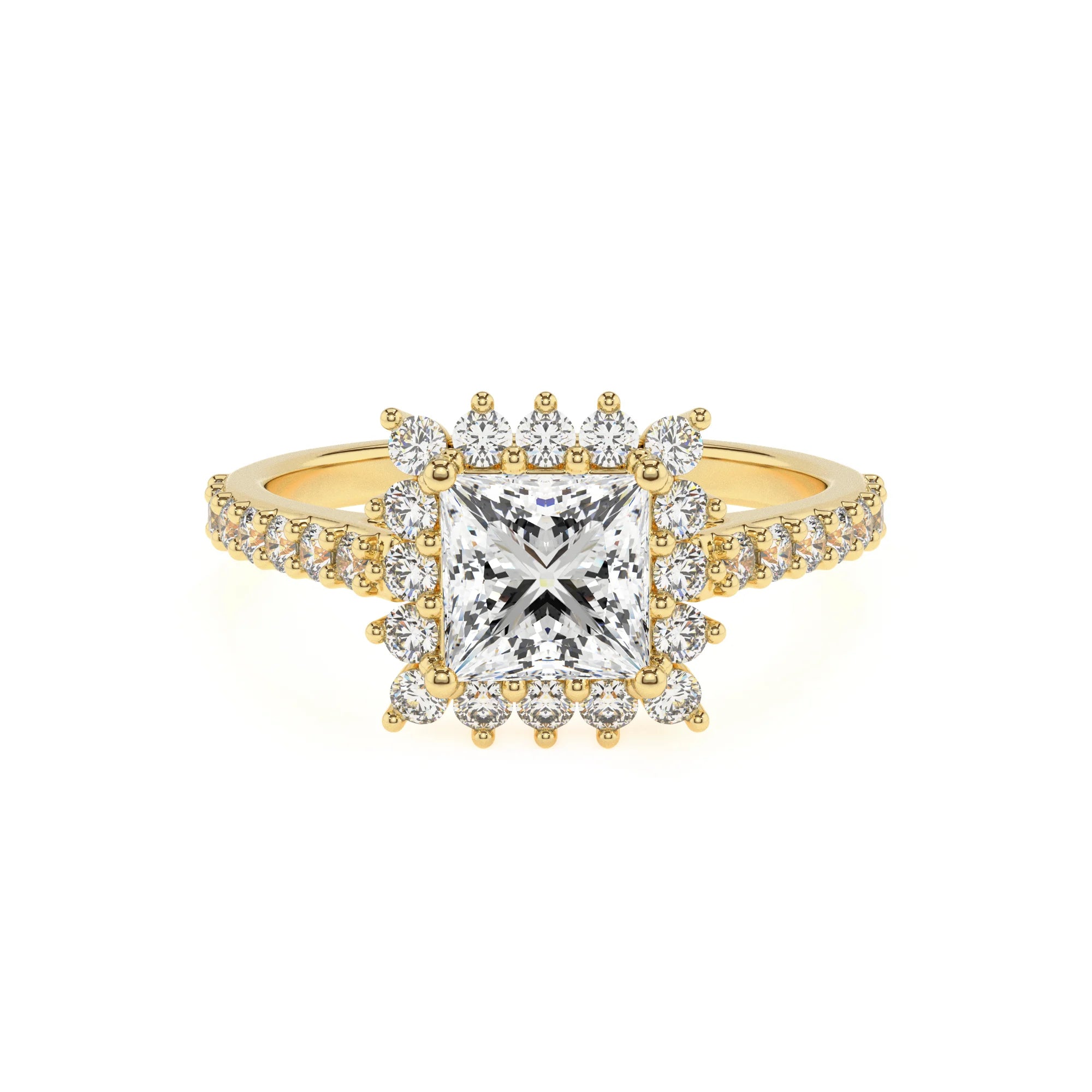 lab grown moissanite princess solitaire rings in yellow gold