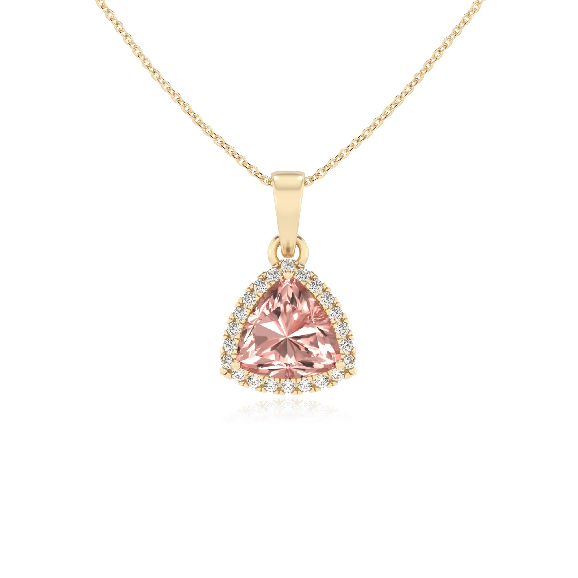 lab grown morganite trillion solitaire necklaces in yellow gold