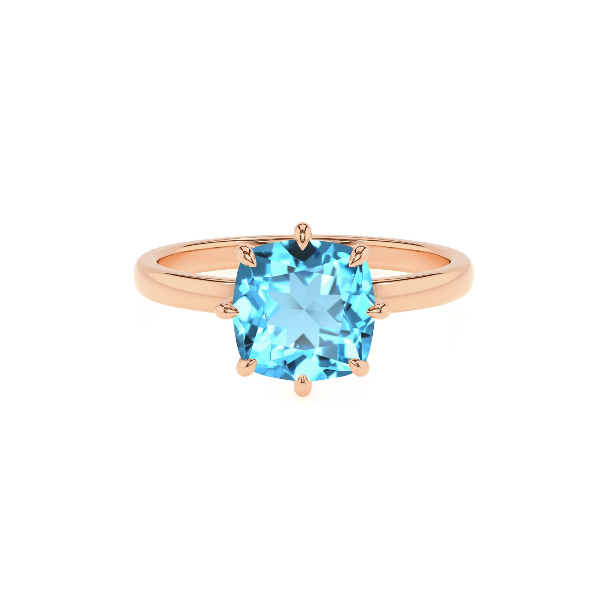 natural swiss-blue-topaz cushion solitaire rings in rose gold