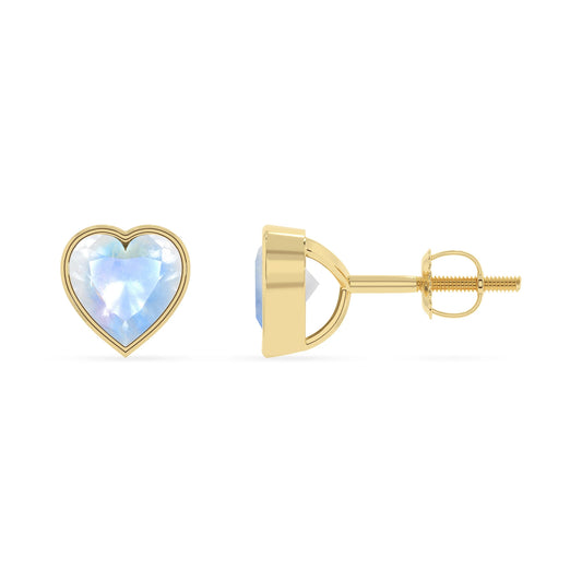natural rainbow moonstone heart stud earrings in yellow gold