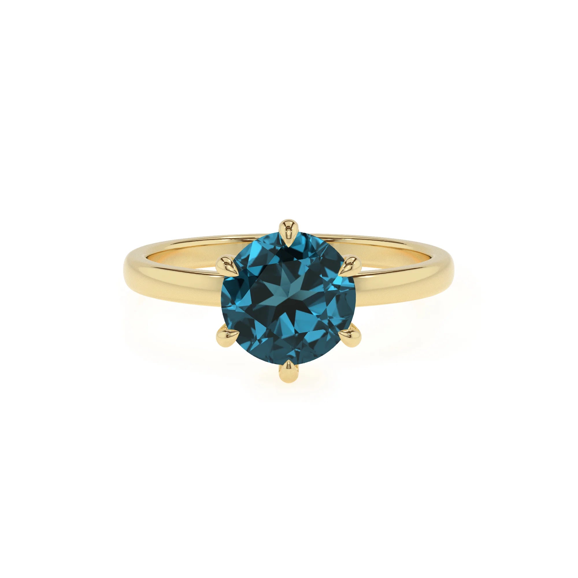 natural london-blue-topaz round solitaire rings in yellow gold
