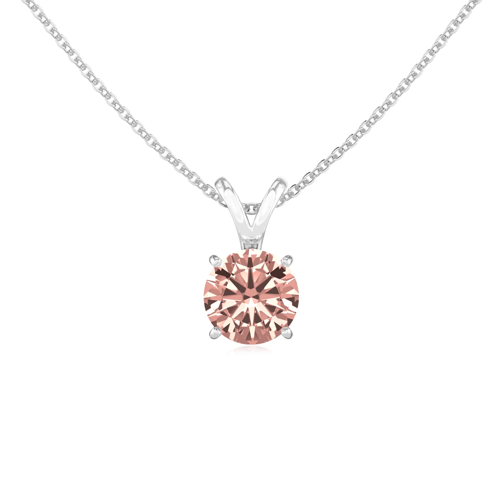 lab grown morganite round solitaire v-bale necklaces in white gold