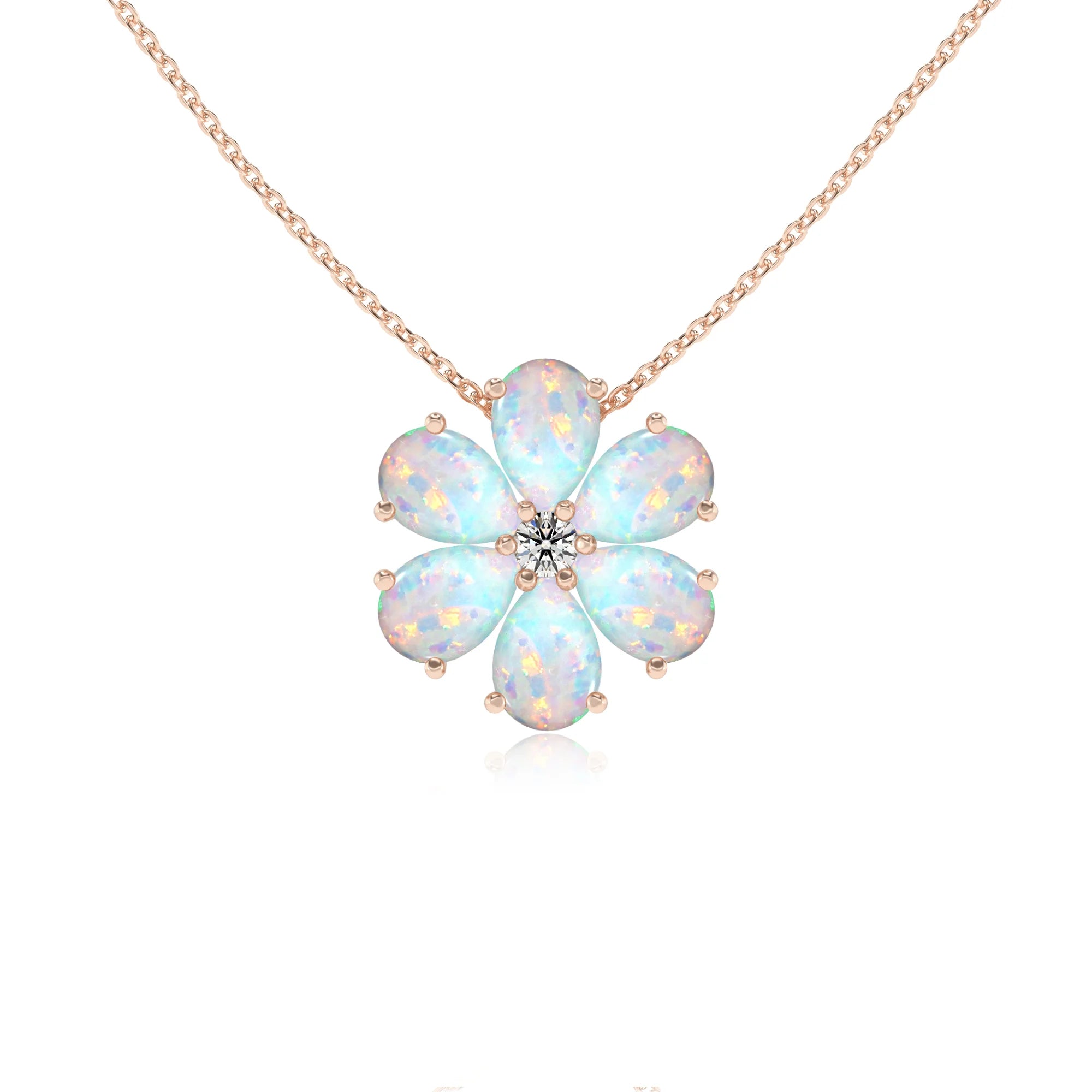 lab grown opal pear solitaire necklaces in rose gold