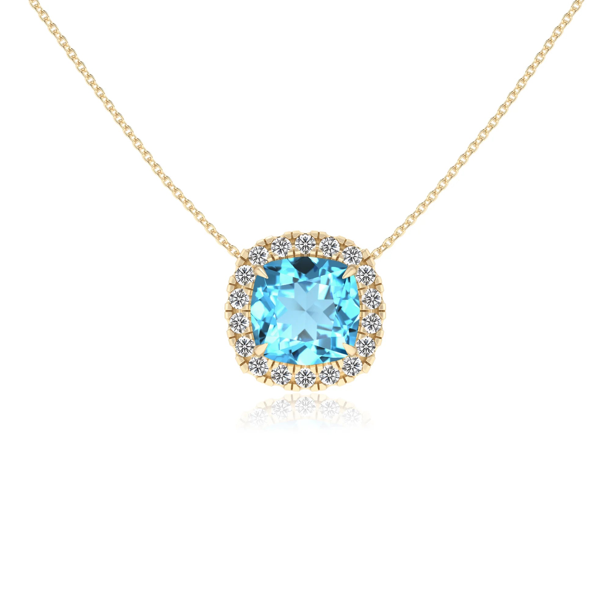 natural swiss blue topaz cushion solitaire necklaces in yellow gold