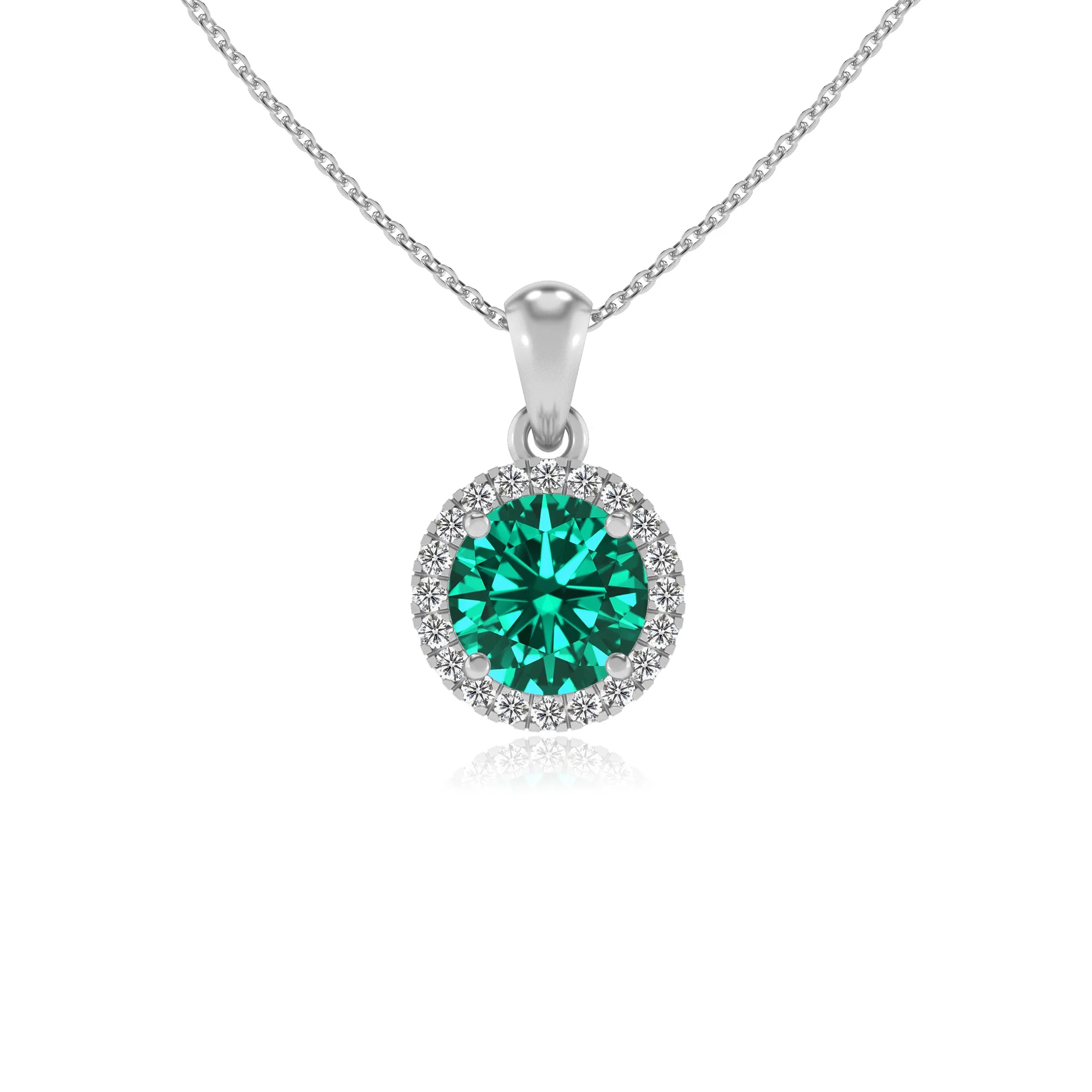 lab grown emerald round solitaire necklaces in white gold