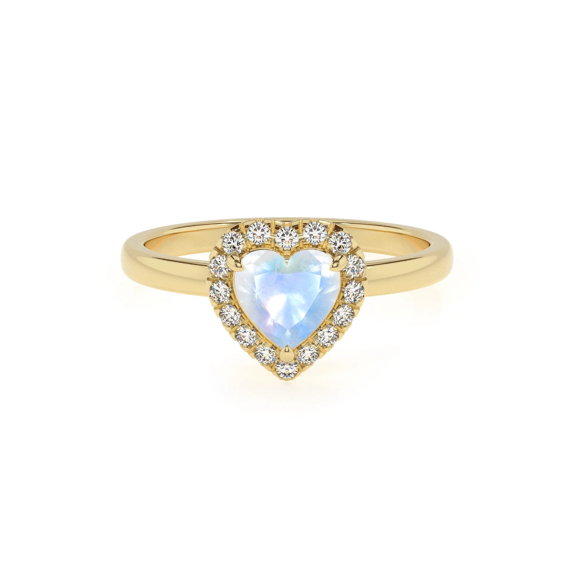 natural rainbow-moonstone heart solitaire rings in yellow gold