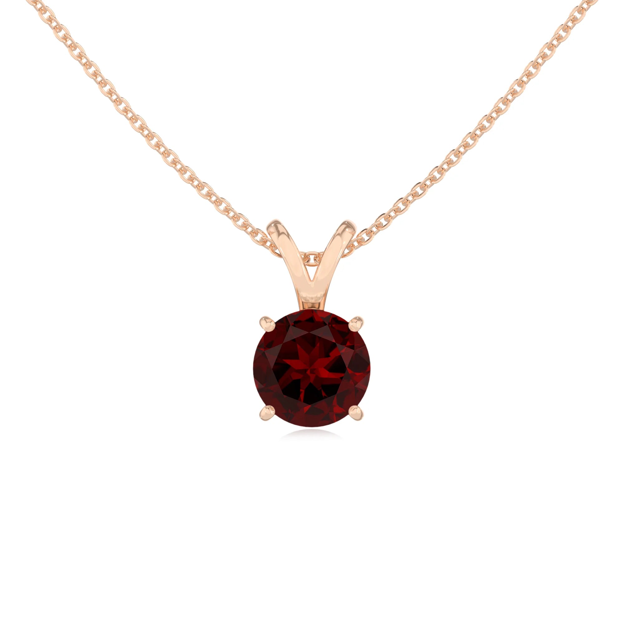 natural garnet round solitaire v-bale necklaces in rose gold