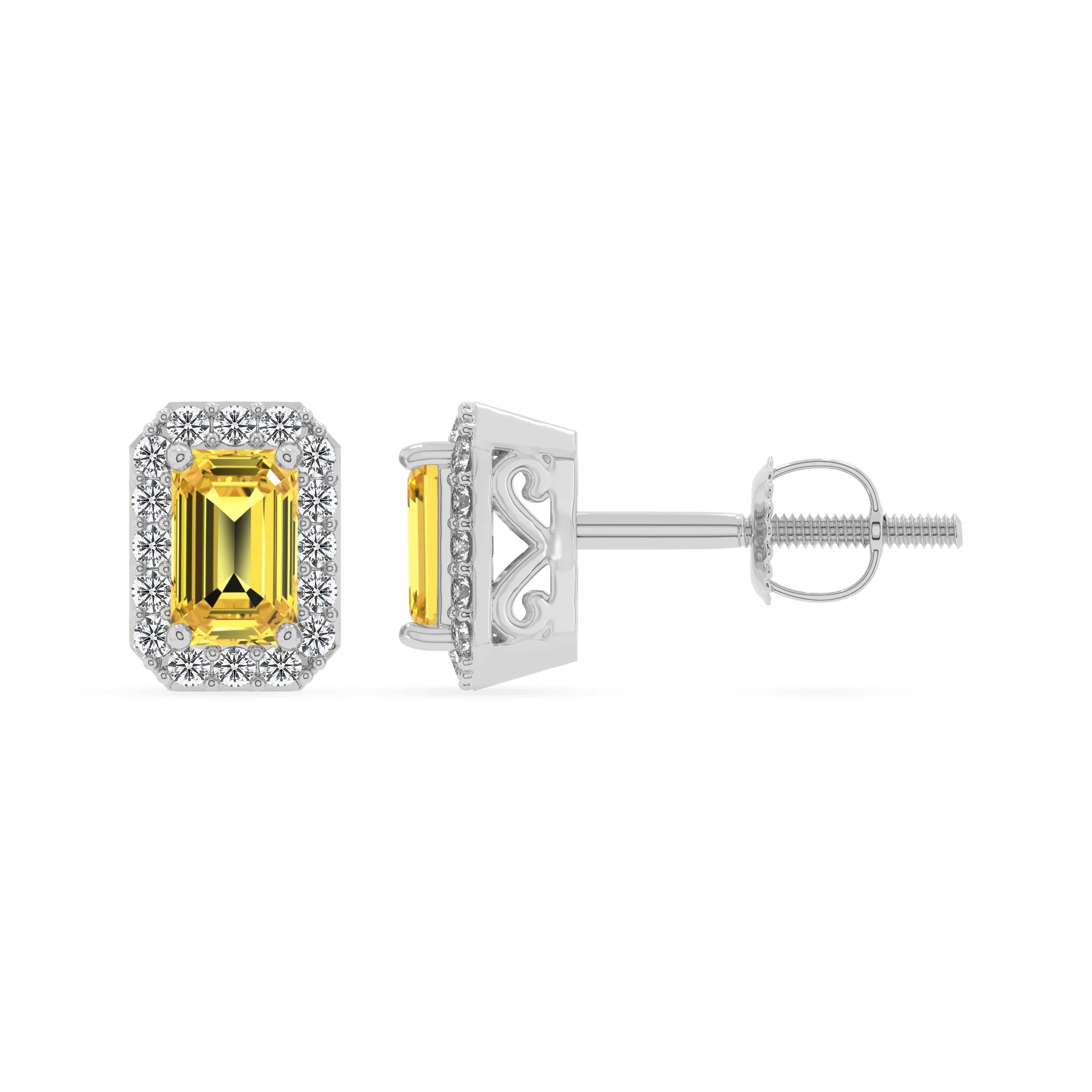 lab grown yellow sapphire emerald cut stud earrings in platinum