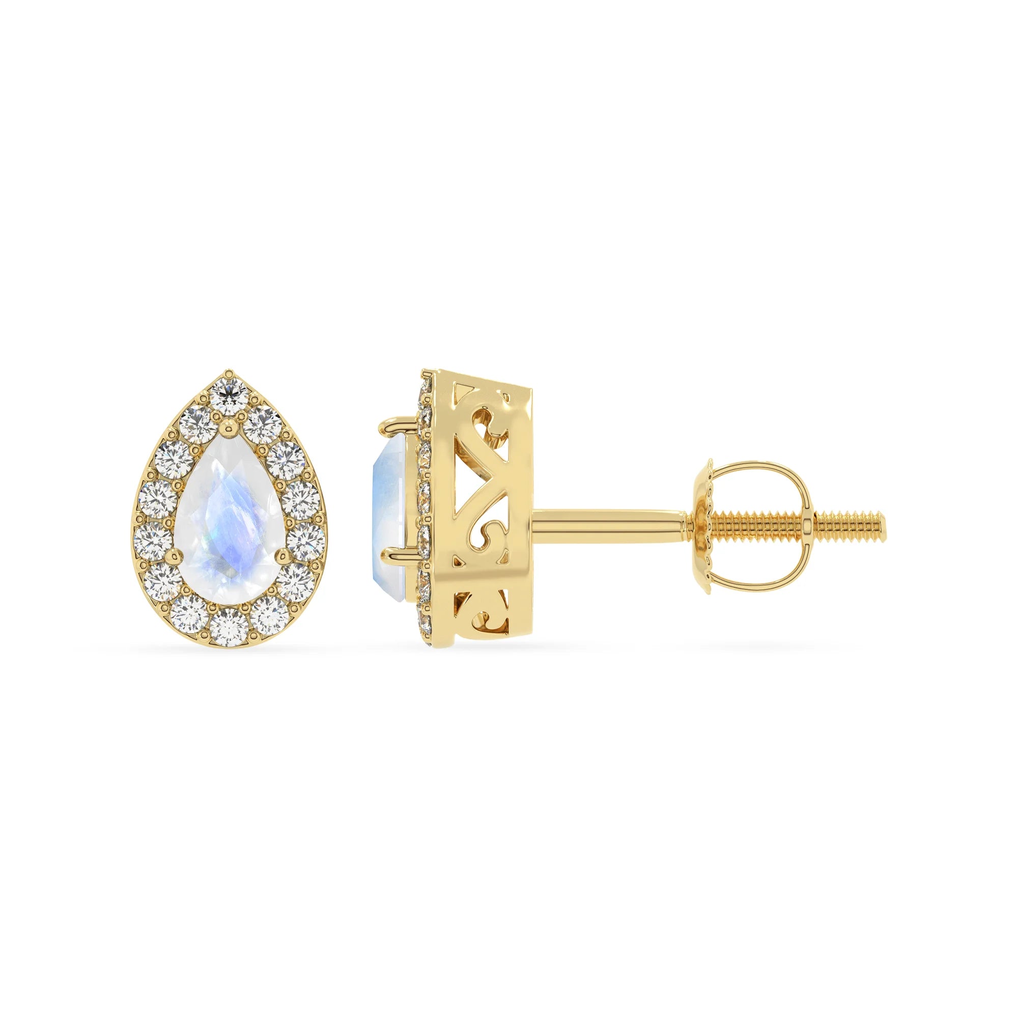 natural rainbow moonstone pear stud earrings in yellow gold