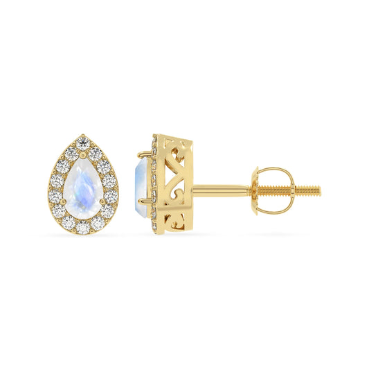 natural rainbow moonstone pear stud earrings in yellow gold