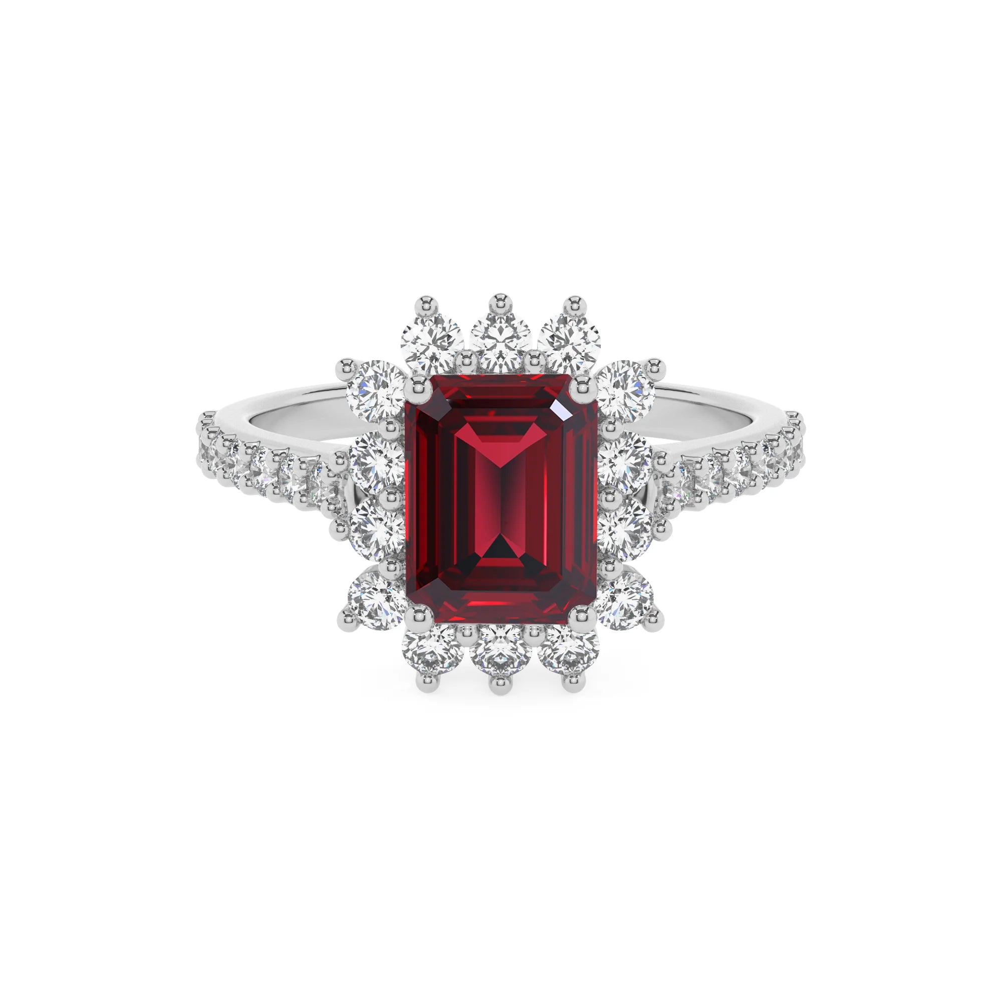 lab grown ruby emerald cut solitaire rings in sterling silver