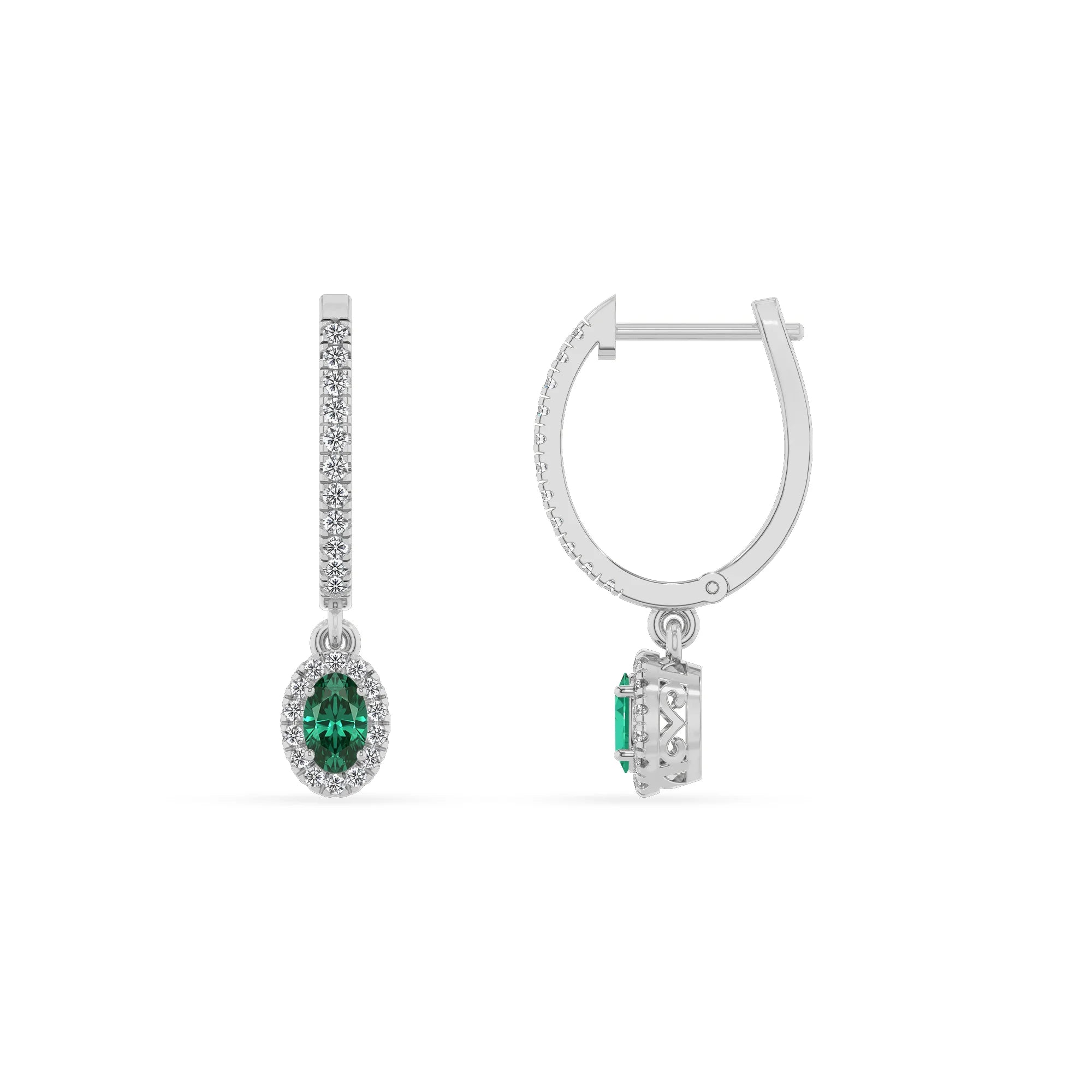 lab grown emerald oval drop earrings in sterling silver